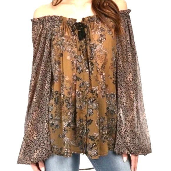 FREE PEOPLE Boho Sheer Chiffon Floral Blouse Brown/Black - Picture 3 of 8